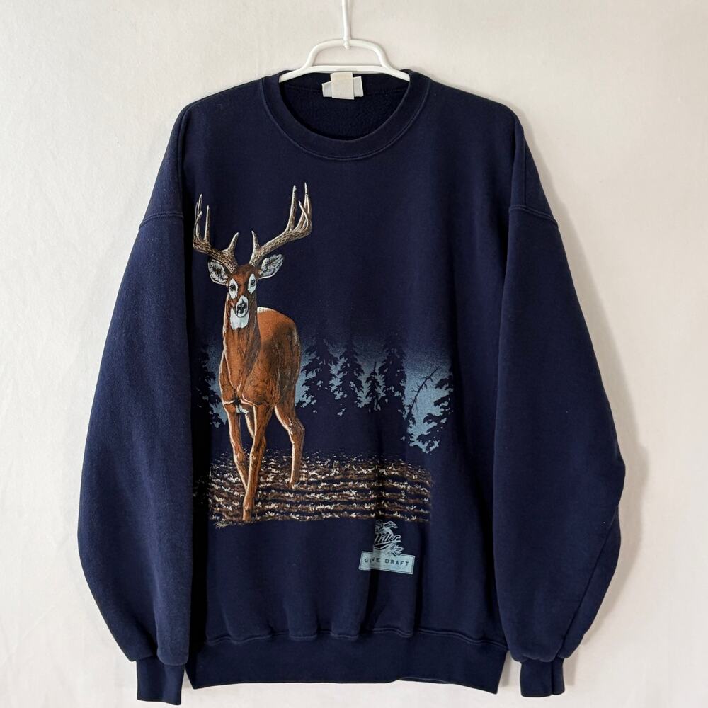 Miller Genuine Draft Beer Sweatshirt Mens XL Navy Blue Whitetail Deer Buck
